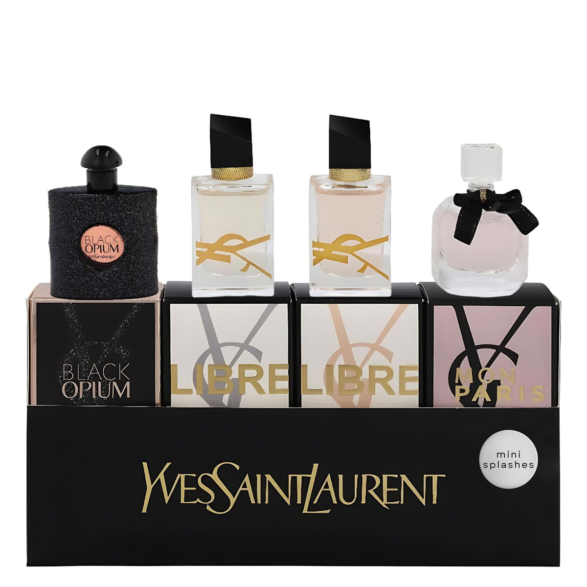 Yves Saint Laurent front packaging of 4-piece mini set shows elegant box and convenience