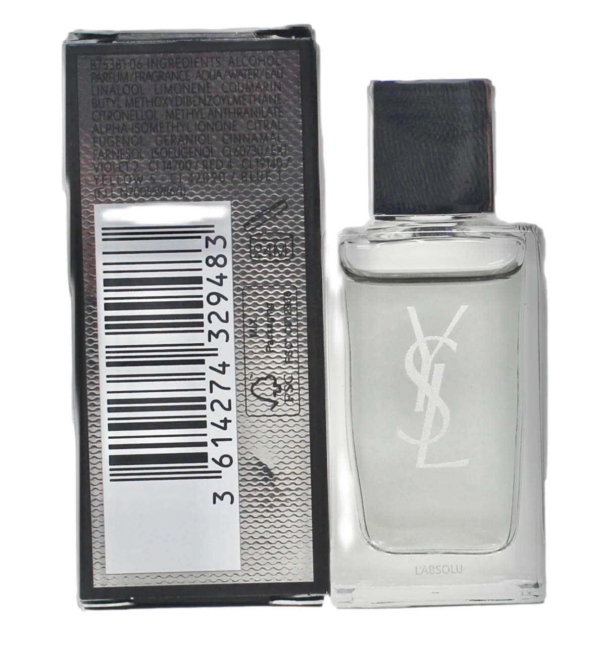 Yves Saint Laurent label close-up on mini bottle emphasizing scent name and design clarity