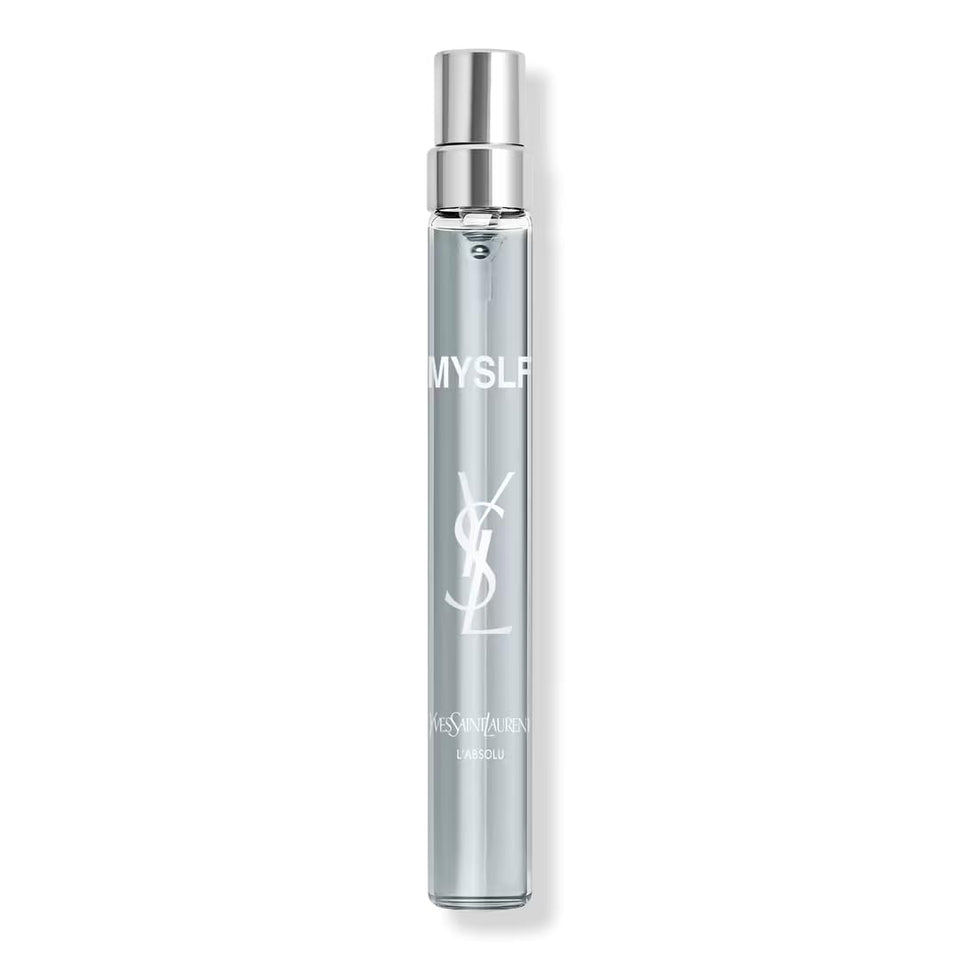 Yves Saint Laurent travel spray front view showing sleek bottle and label for elegant portability
