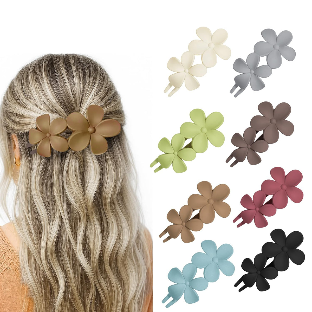 YTQDSS front view of eight flat floral hair clips, stylish and practical