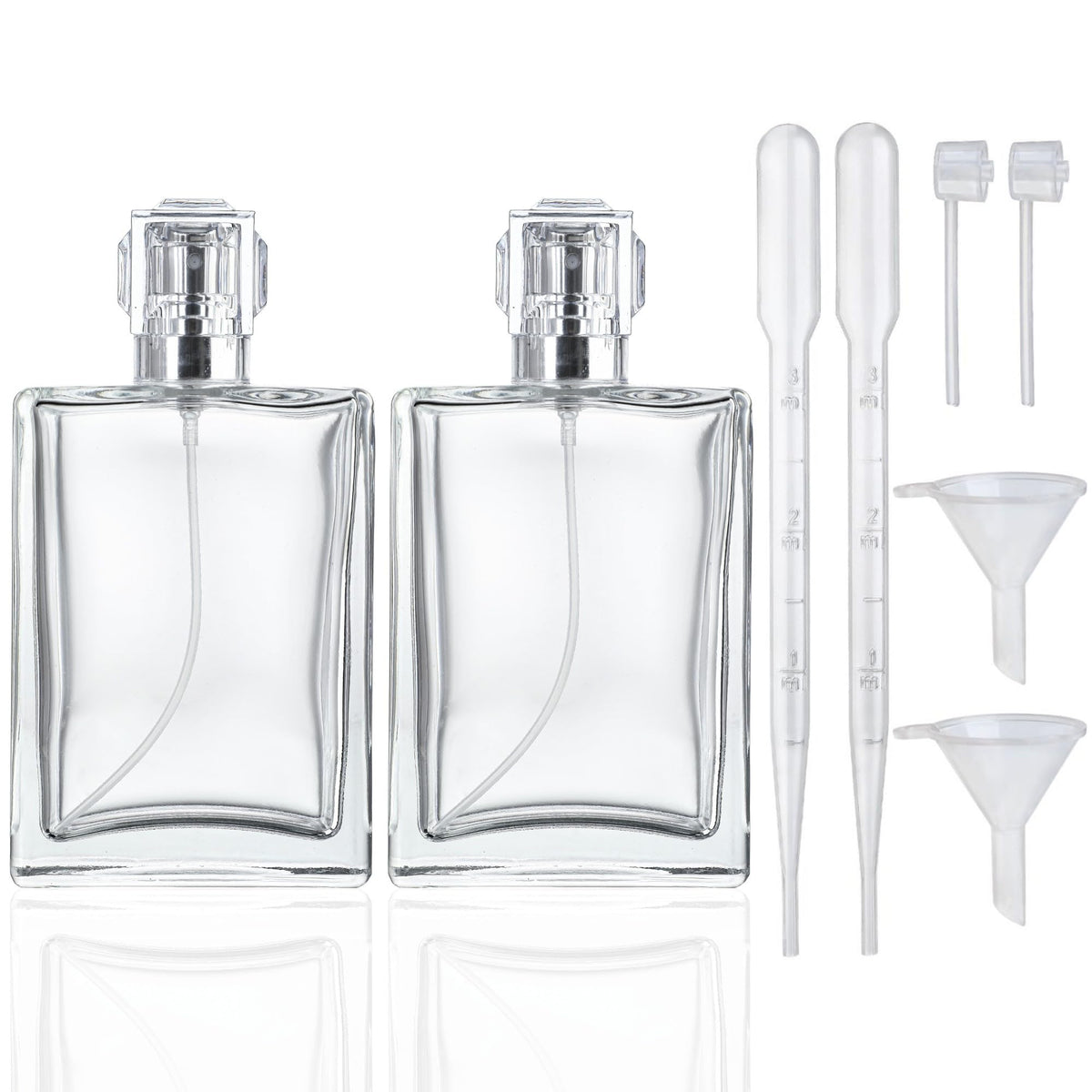 YU FENG front view of two clear square bottles showing capacity and label, convenient for travel