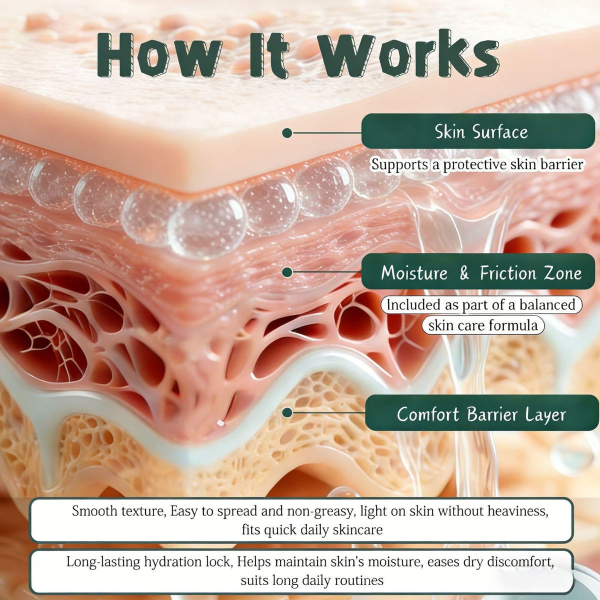 YUEOL on inner thigh showing moisture control and comfort benefit