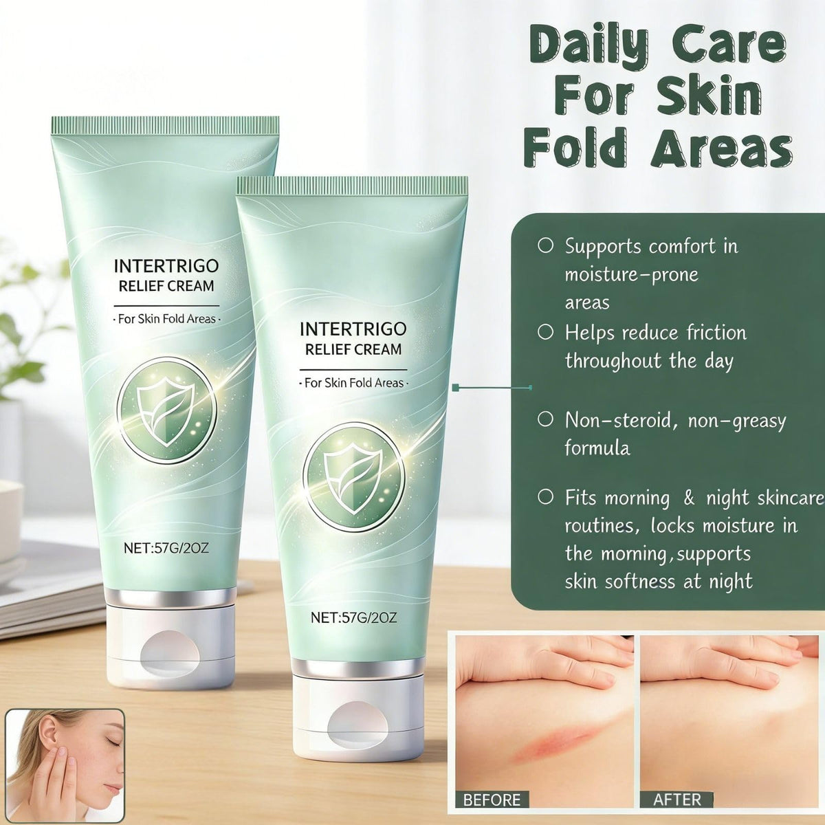 YUEOL applied under-breast demonstrating friction relief benefit