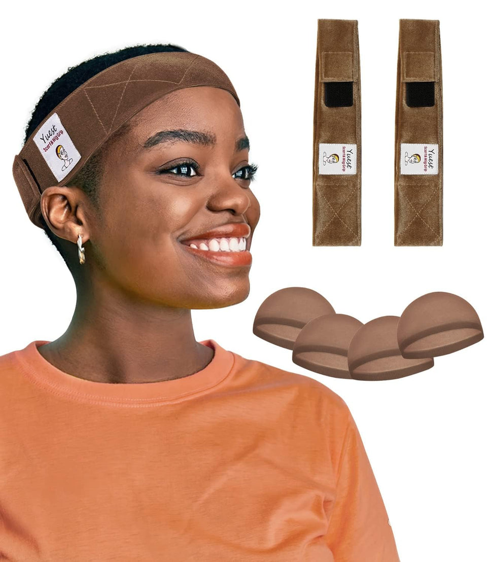 Yuest front packaging showing two velvet grip bands and included wig caps for secure wear