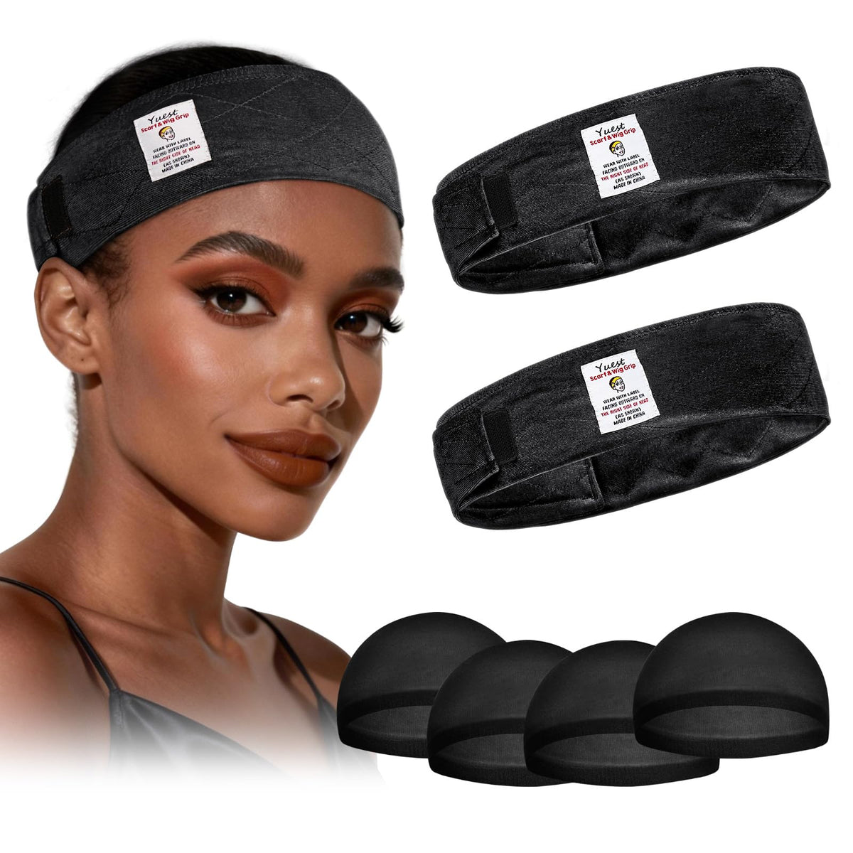 Yuest wig cap and band set flatlay showing included accessories