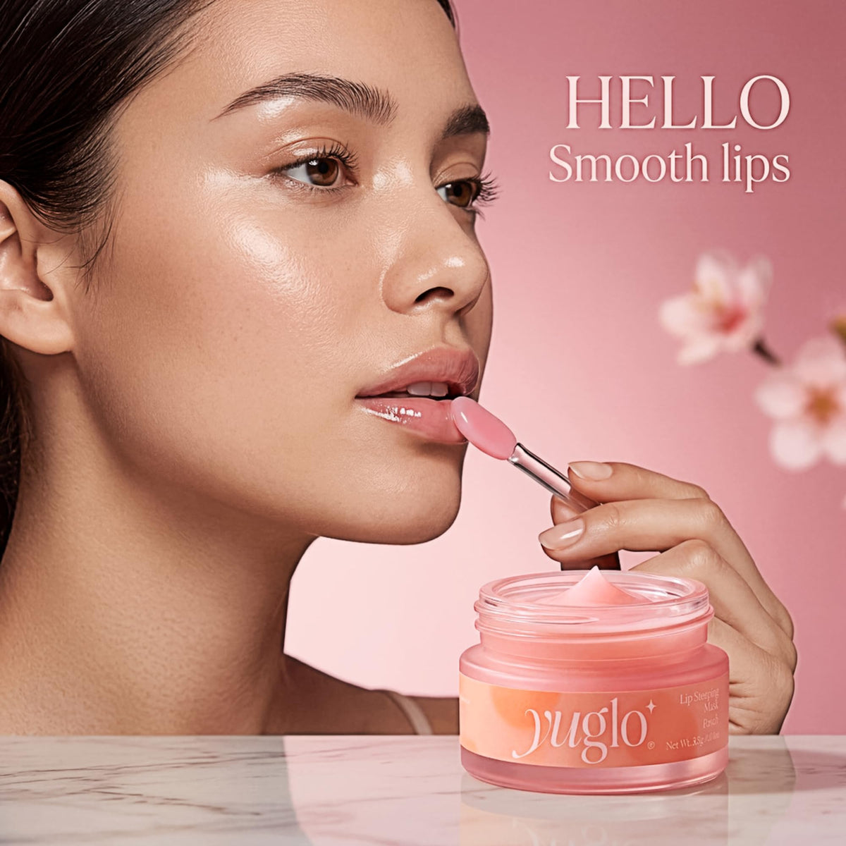 YuGlo lip mask ingredients flatlay with coconut and jojoba oil emphasizing natural nourishment