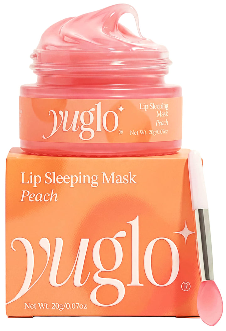 YuGlo jar front view showing peach lip mask and branding, highlighting clear product labeling and appeal