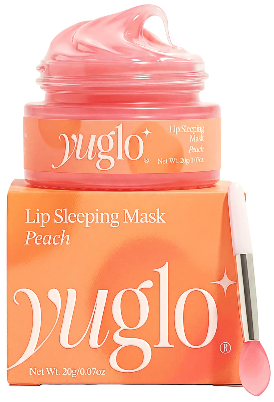 YuGlo jar front view showing peach lip mask and branding, highlighting clear product labeling and appeal
