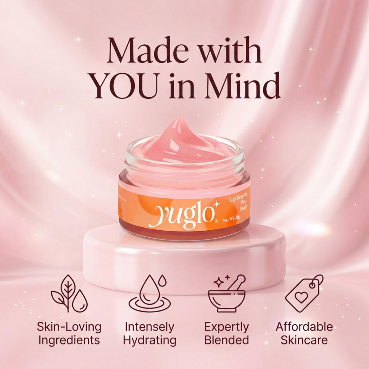 YuGlo lip mask lifestyle shot with smiling model showing hydrated, healthy-looking lips