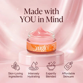 YuGlo lip mask lifestyle shot with smiling model showing hydrated, healthy-looking lips