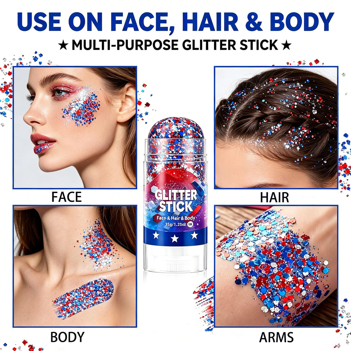 Yulight glitter stick used on collarbone to highlight body with festive sparkle