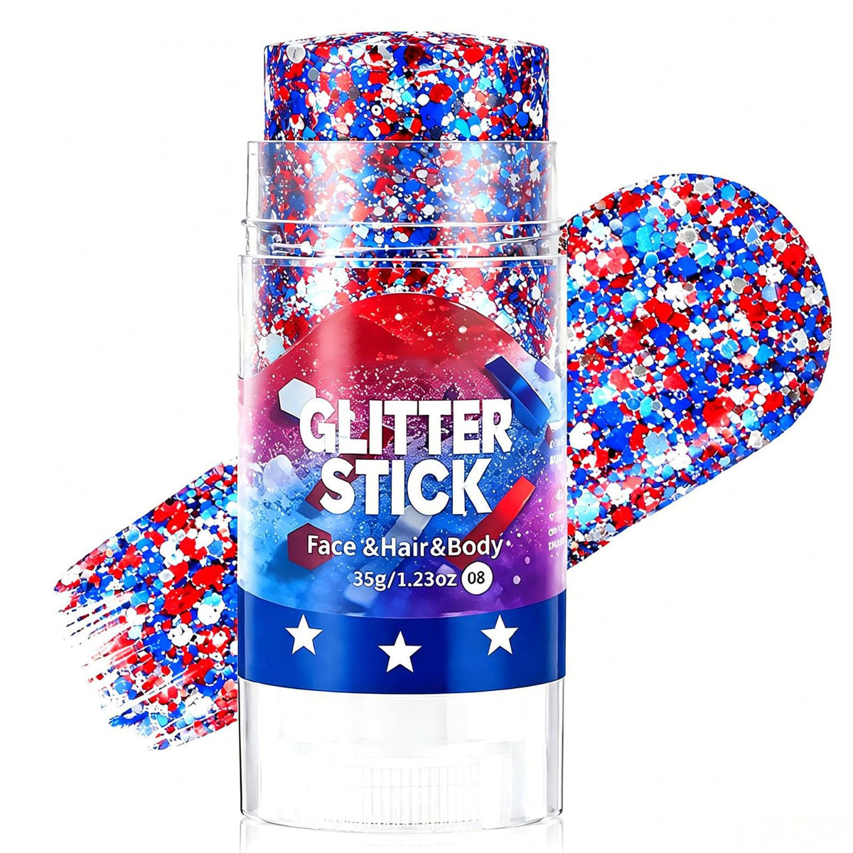 Yulight glitter stick front packaging showing patriotic colors and compact design