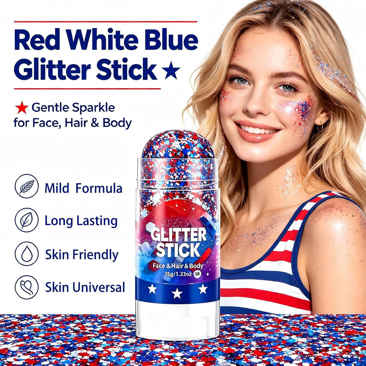 Yulight glitter stick adding red white blue accents to braids for long-lasting shine