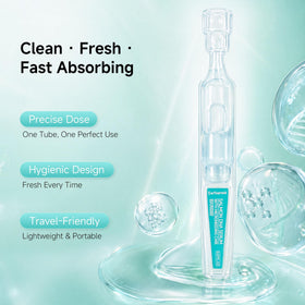 YUOJUNES serum applied to cheek illustrating hydration and calming effect