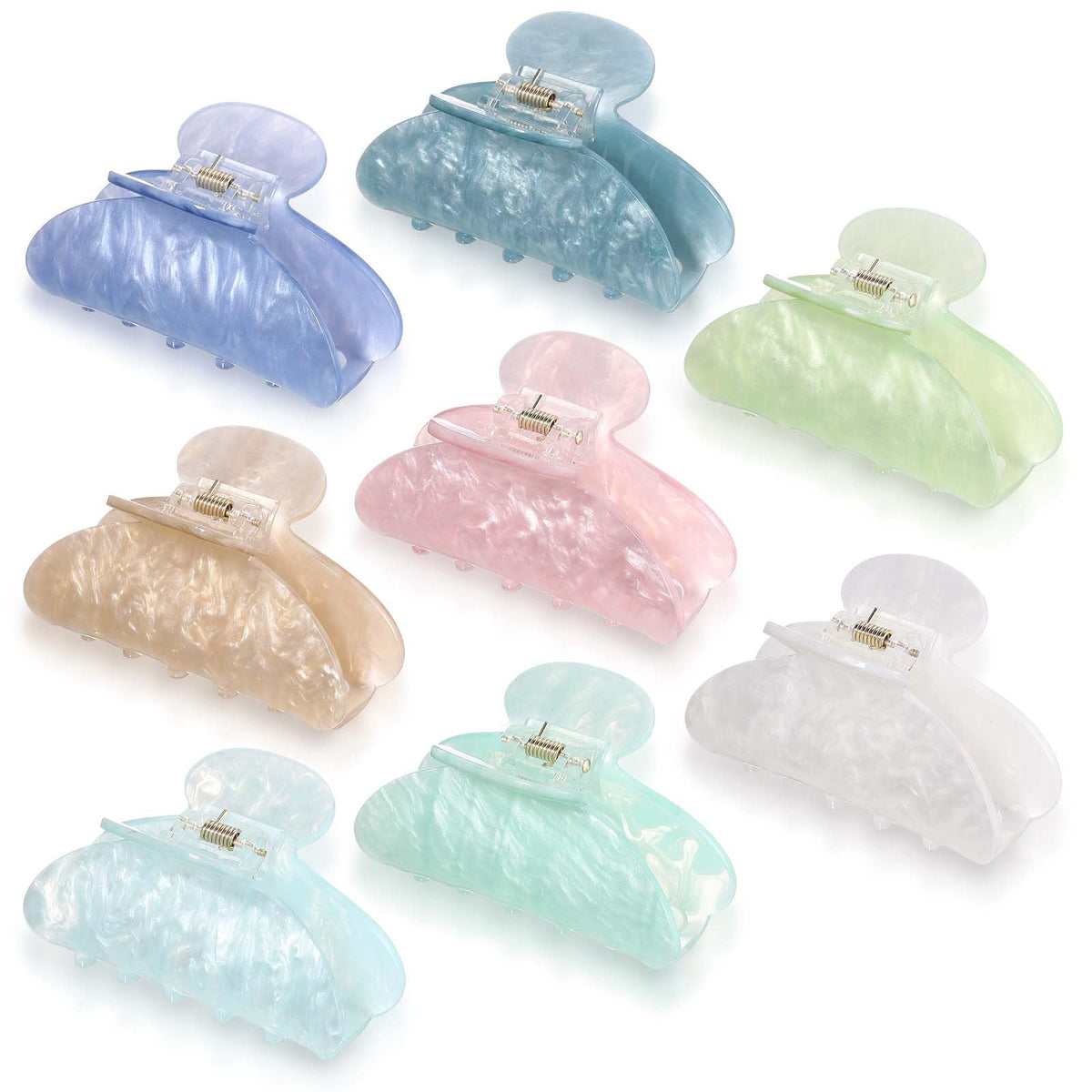 Yuxung front view of eight marble multicolor clips showing assortment and benefit