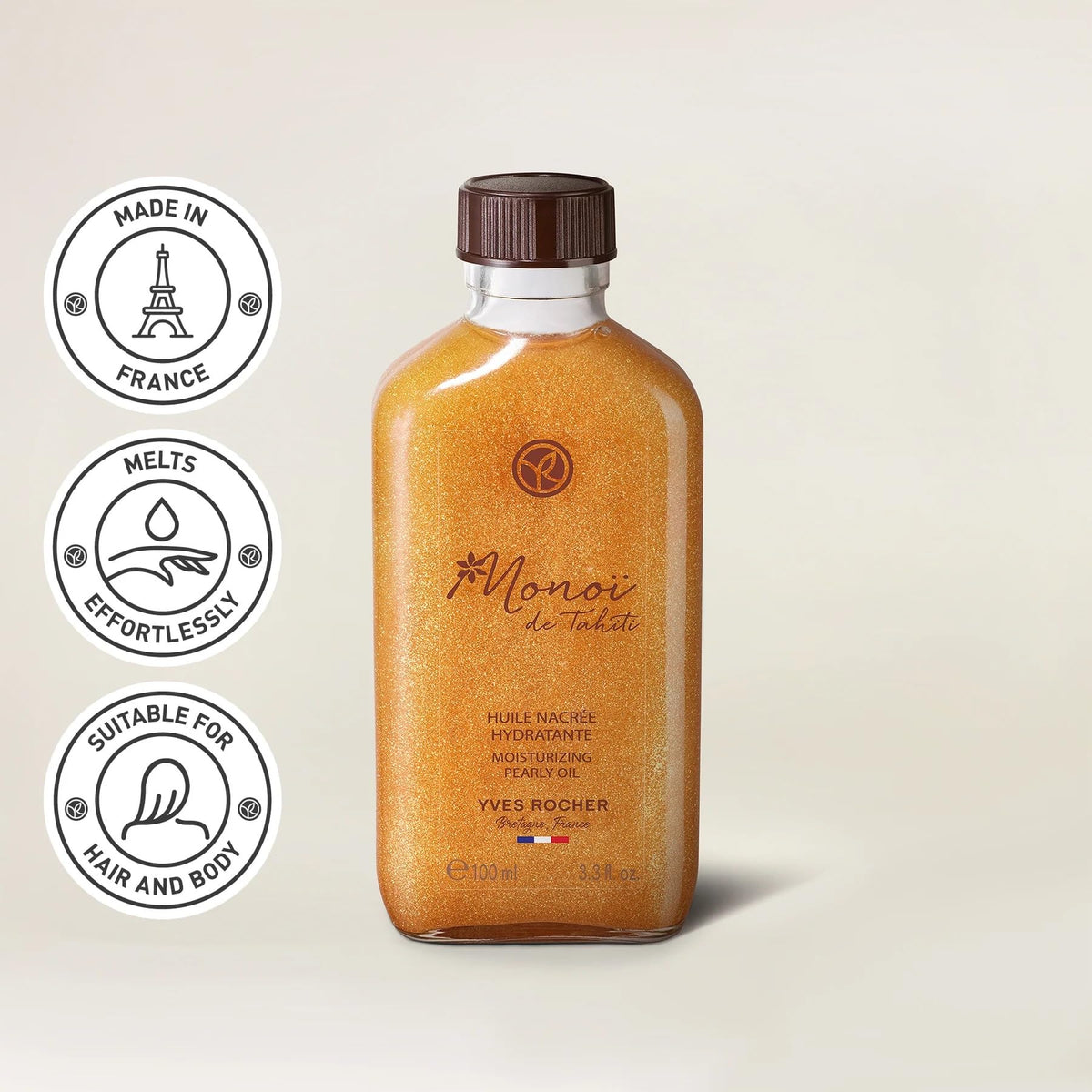 Product label detail with Monoï de Tahiti ingredients visible, emphasizes authentic formulation