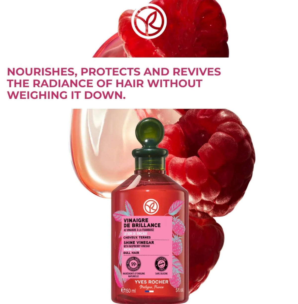 Bathroom scene with Yves Rocher raspberry rinse, showing salon-like shine at home
