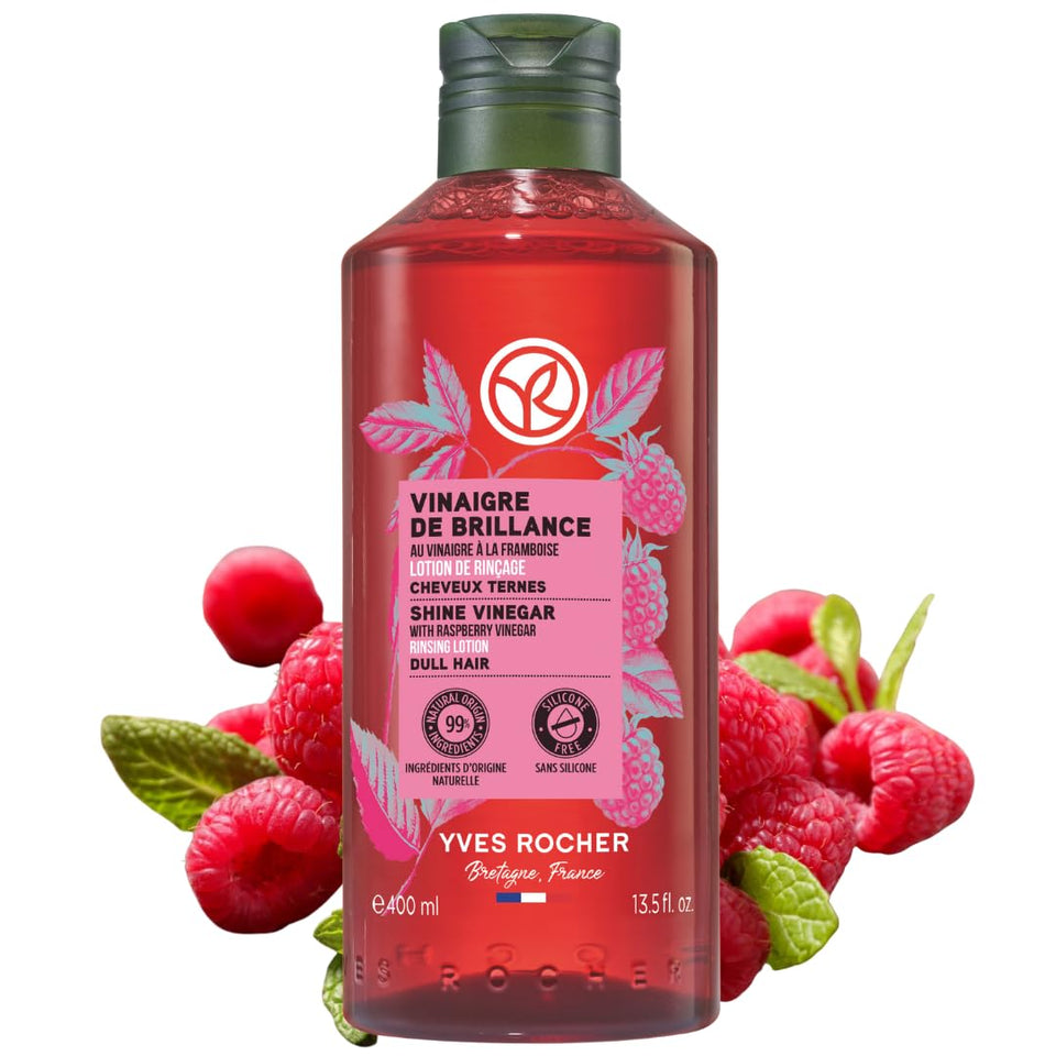 Yves Rocher bottle front view showing raspberry rinse and compact shine benefit
