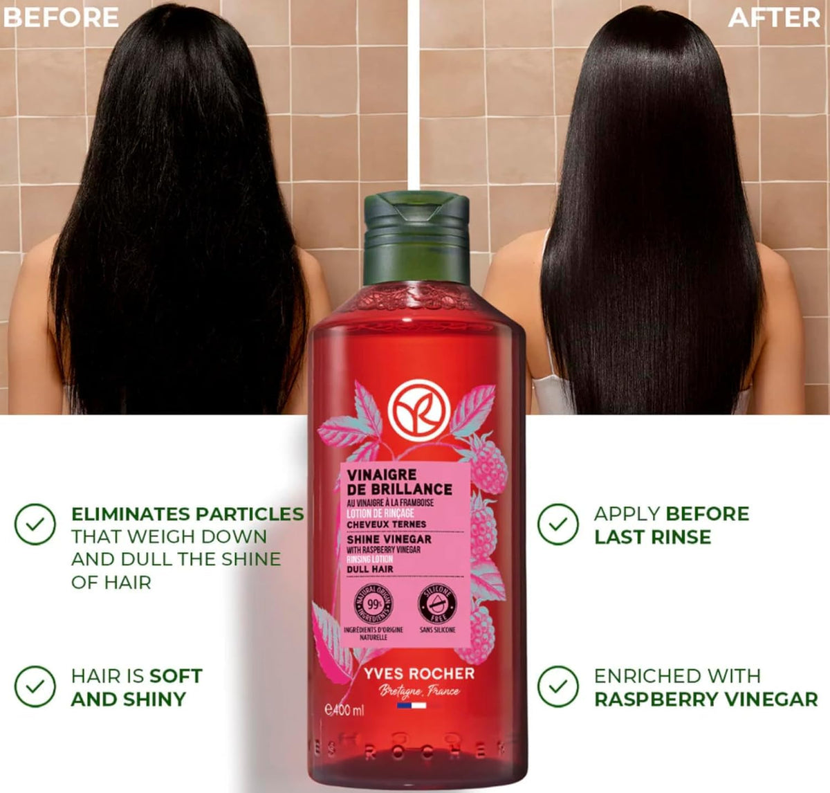 Hand holding Yves Rocher bottle over hair, demonstrating easy application benefit