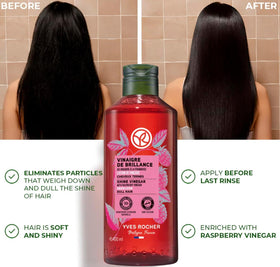 Hand holding Yves Rocher bottle over hair, demonstrating easy application benefit