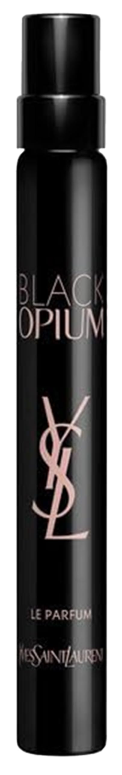 Yves Saint Laurent front bottle view showing sleek black-glitter design and instant recognition benefit