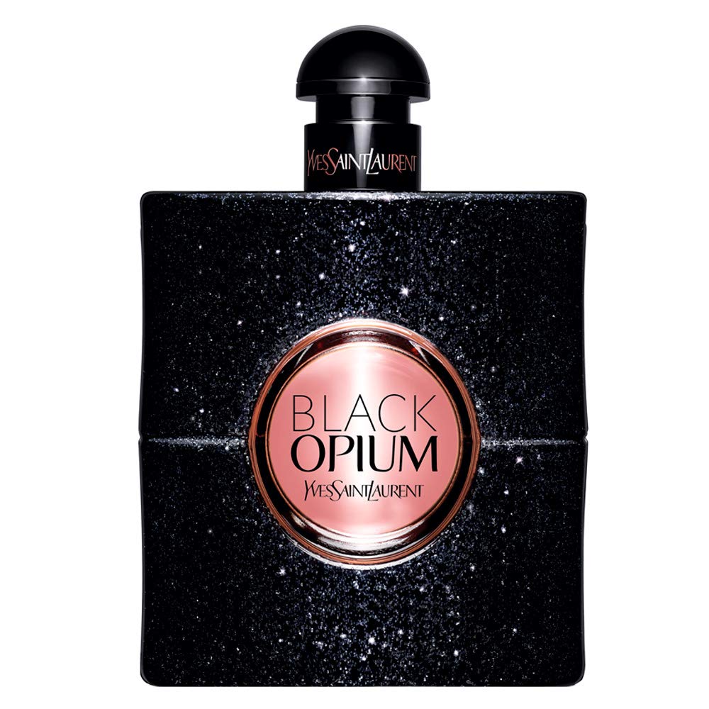 Yves Saint Laurent Black Opium front bottle showing dark glass and sparkle, presents luxury