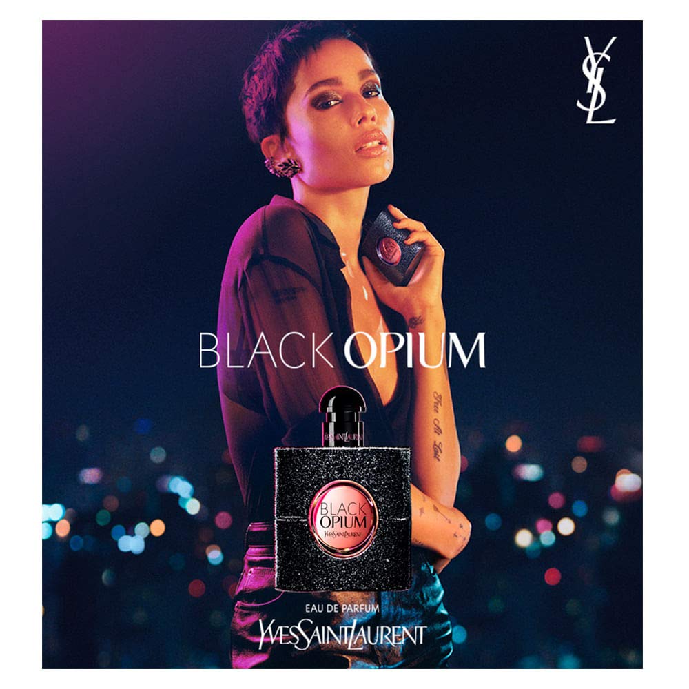 Yves Saint Laurent Black Opium side label showing 3 oz volume and product authenticity benefit