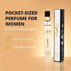 Yves Saint Laurent travel spray beside a lip balm to show the pocket-size benefit