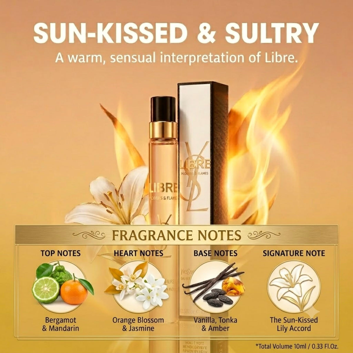 Yves Saint Laurent bottle staged with flowers to convey sunny floral warmth