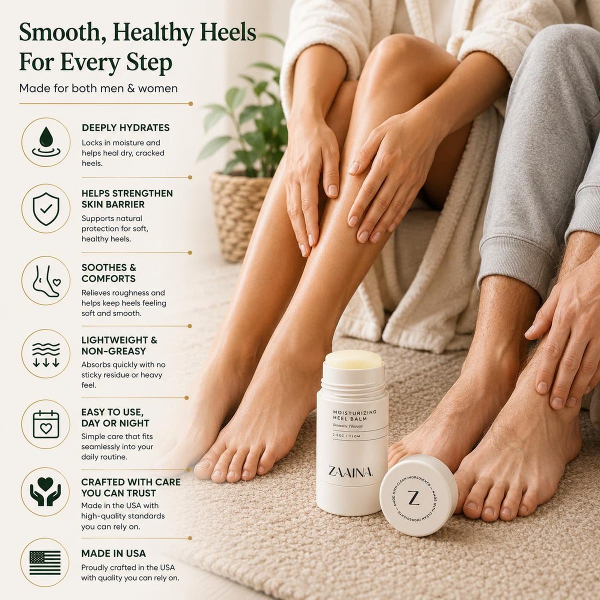ZAAINA applying balm directly to heel for targeted moisturization