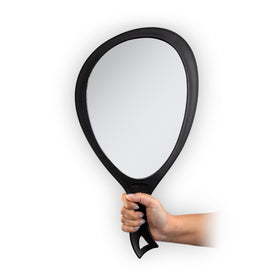Zadro front view large hand mirror showing full teardrop shape and clear benefit