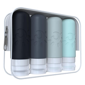 Zafit front packaging in clear pouch showing four multicolored travel bottles and easy security access
