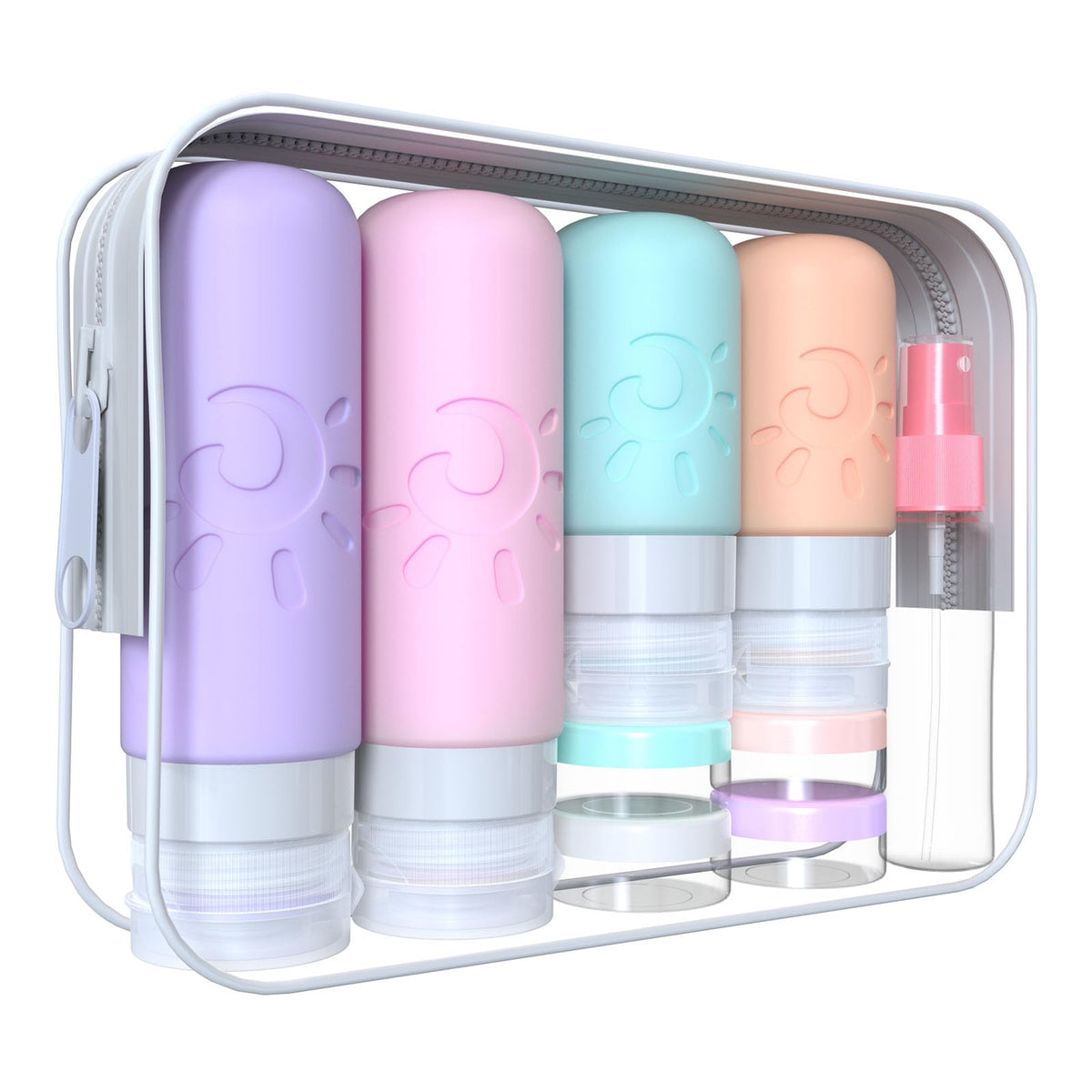 Zafit clear pouch showing organized travel bottles and easy security access