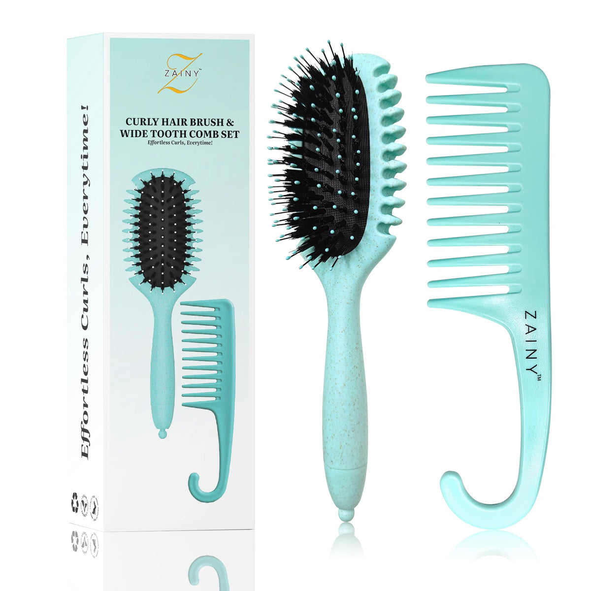 zainy front packaging showing brush and comb with curl-friendly design and travel convenience