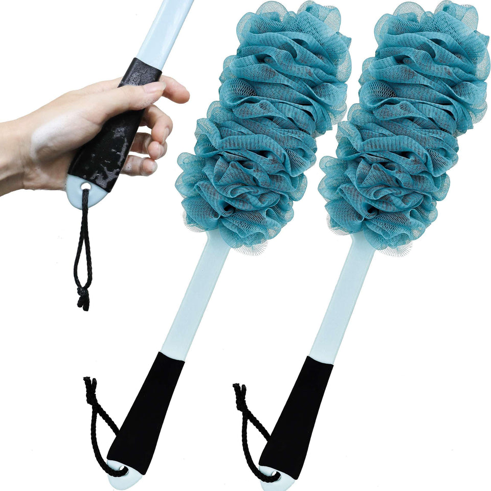 ZAIOUS front view of blue two-pack loofahs showing handles and mesh, easy foam benefit