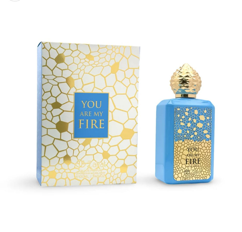 Zakat front bottle shot showing You Are My Fire 100ml and premium packaging benefit