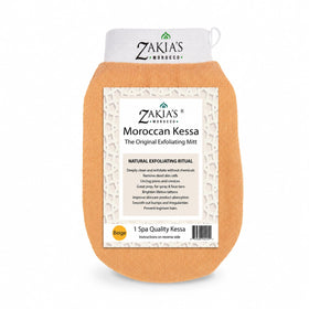 Zakia's Morocco front view of kessa glove showing shape and salmon beige color for smooth skin