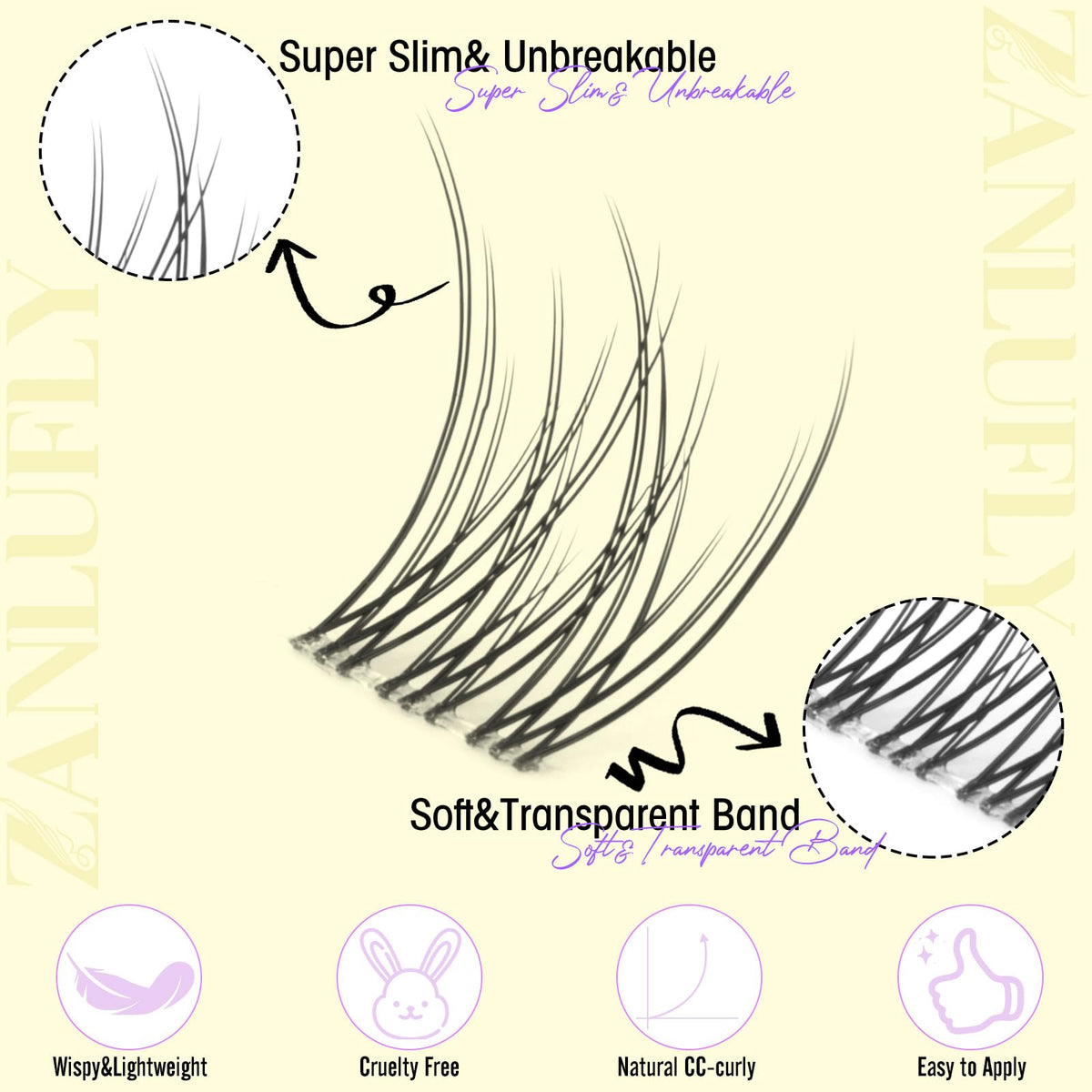 zanlufly close-up of CC-curly lash cluster highlighting soft fibers for natural flutter