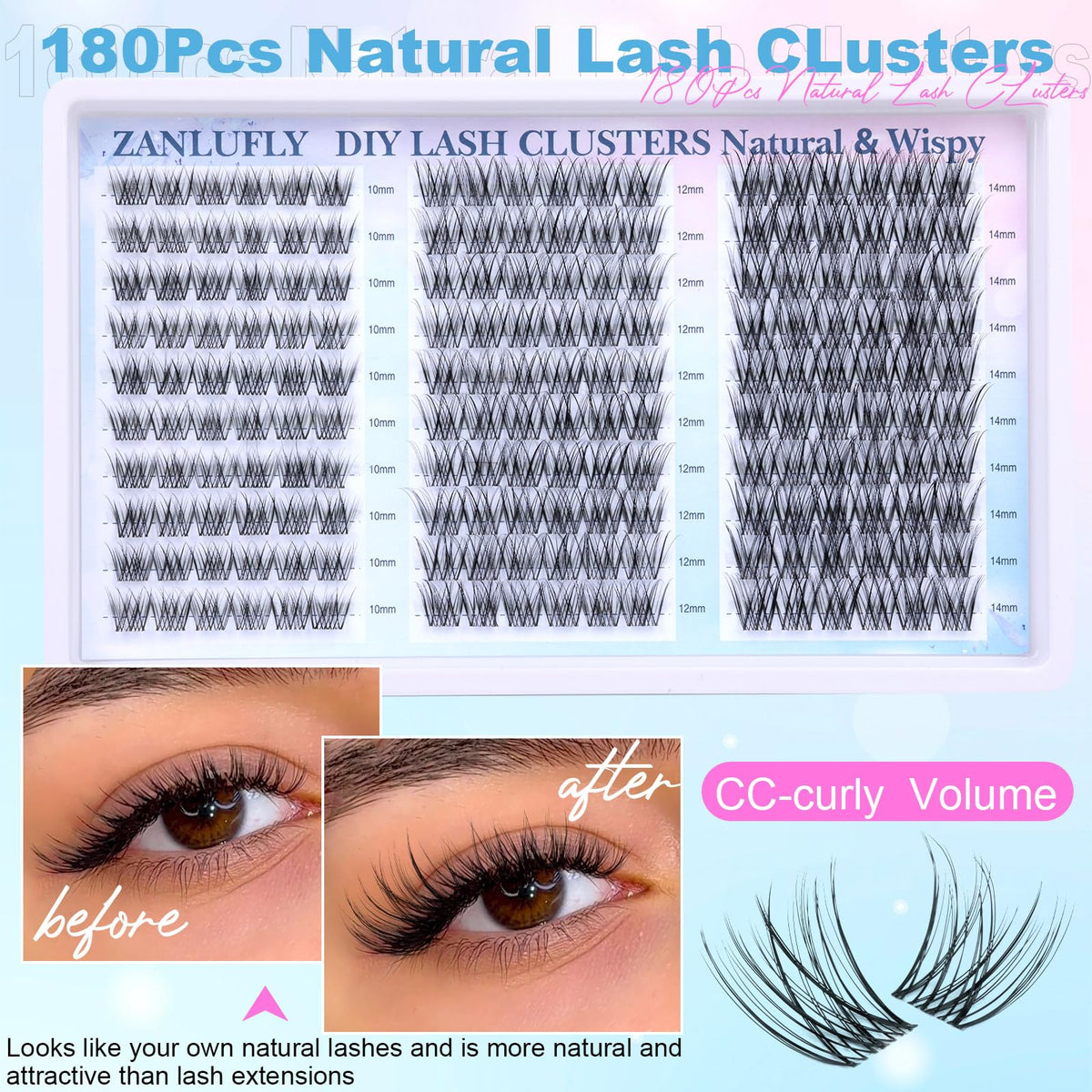 zanlufly clusters applied on eye for subtle natural volume