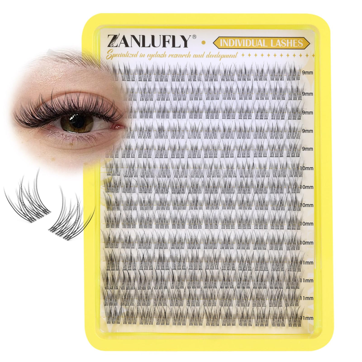 zanlufly front view of open cluster lashes package showing 140 pieces and mixed lengths for customization