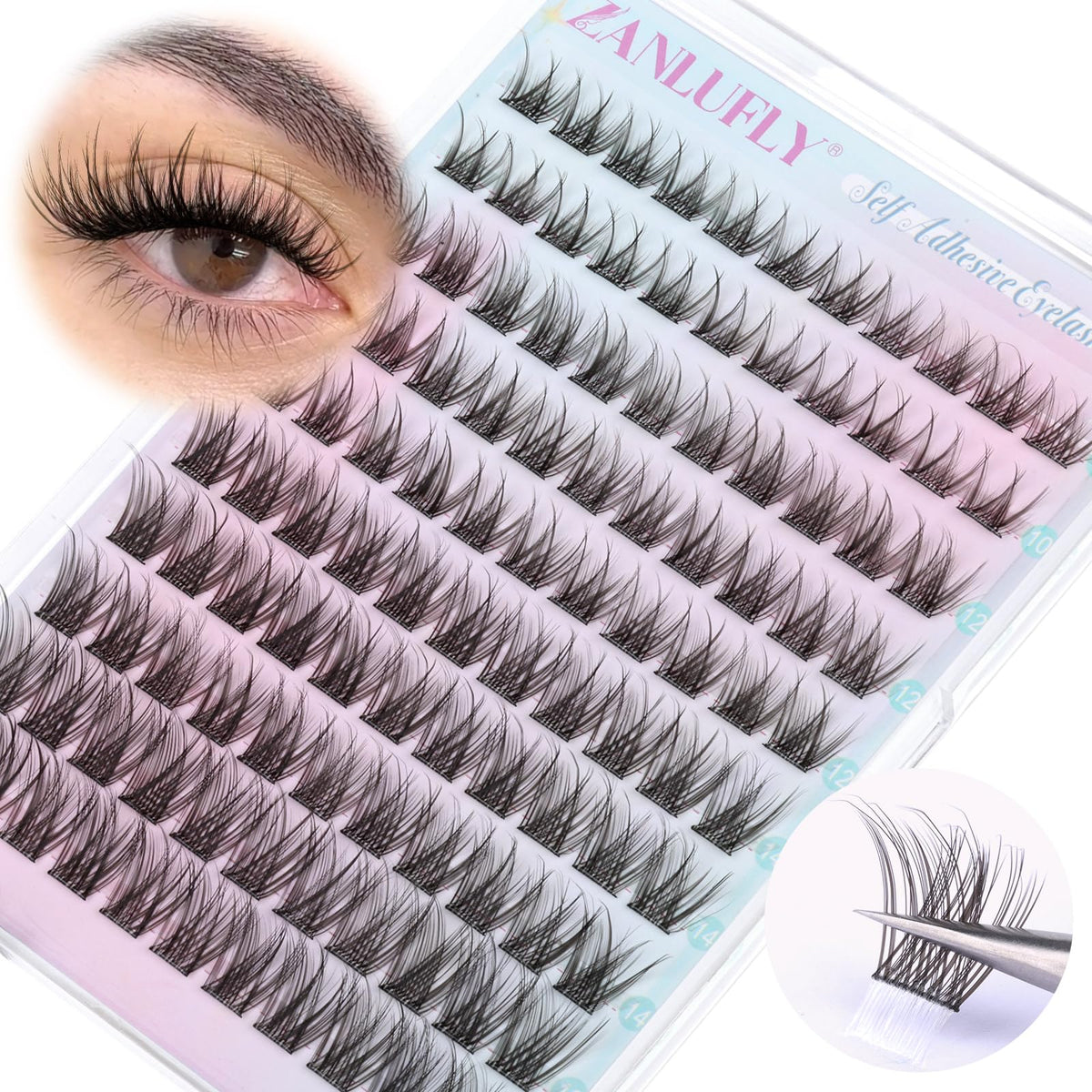 zanlufly front packaging showing pre-glued lash clusters and product benefits