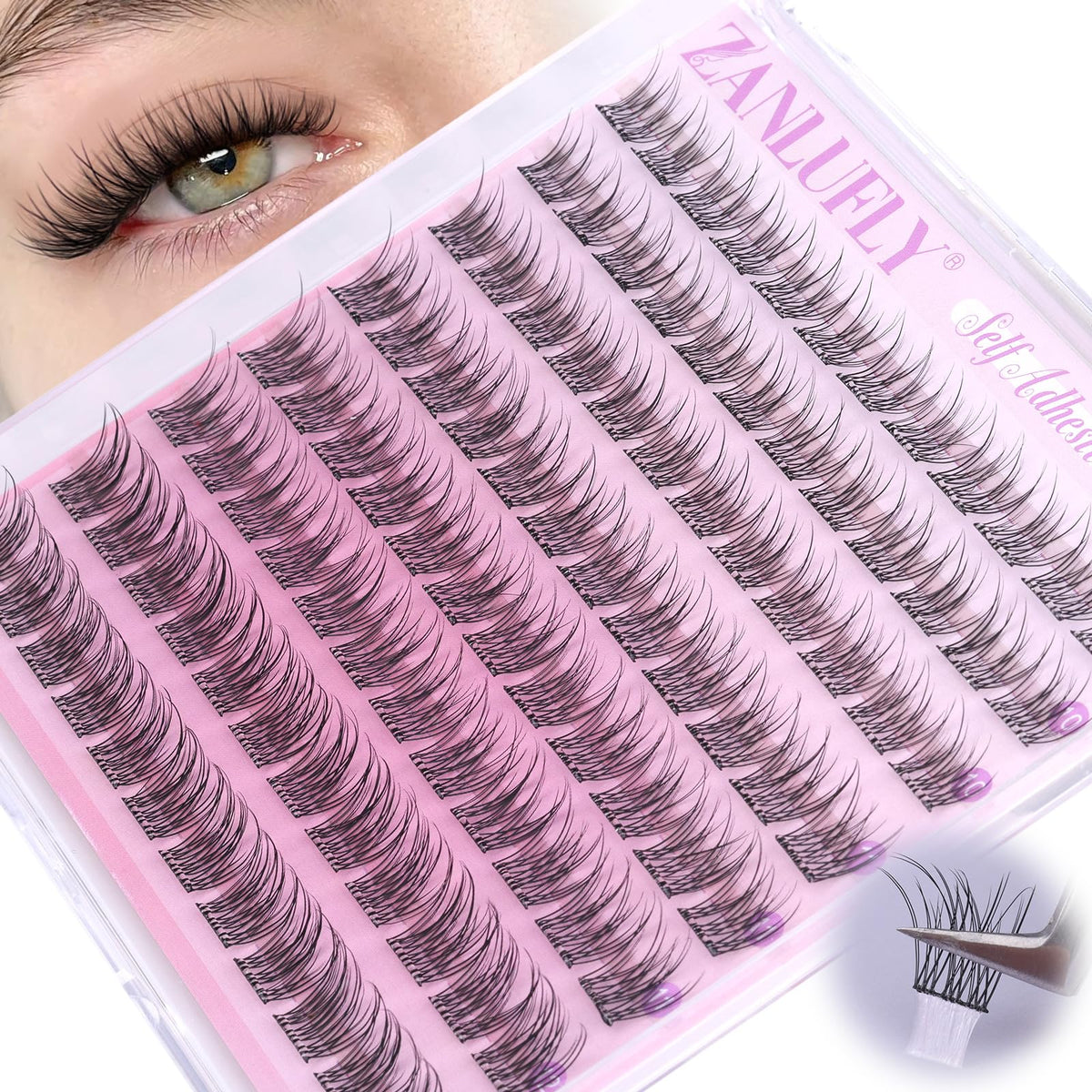 zanlufly front packaging showing pre-glued lash clusters and quick application benefits
