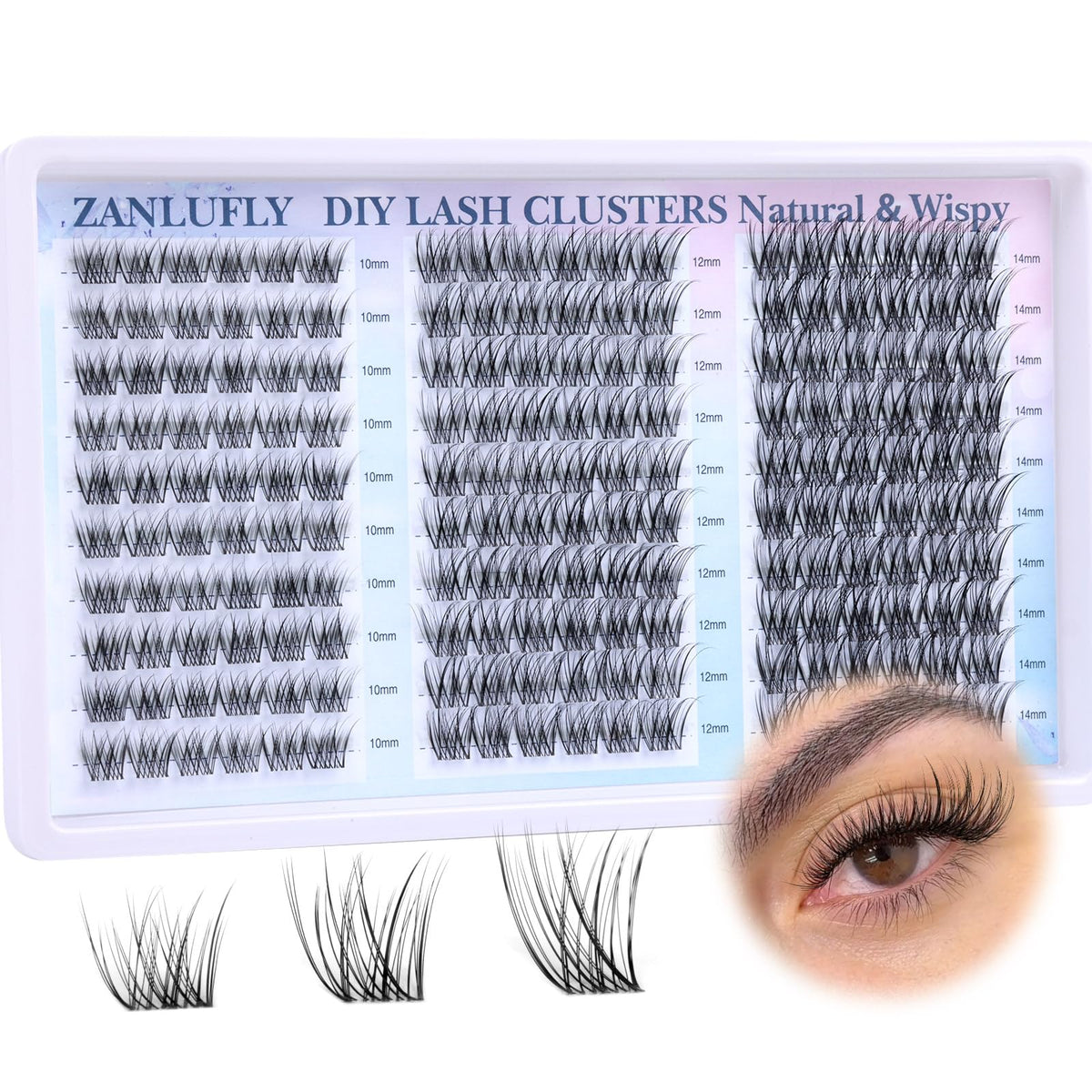 zanlufly front packaging showing 180pcs cluster lashes and easy DIY benefit