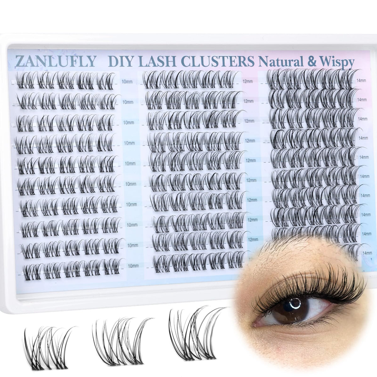 zanlufly front packaging showing 150-piece wispy clusters and easy DIY benefit