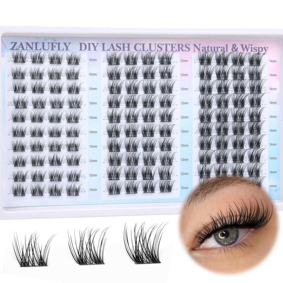 zanlufly front packaging showing compact cluster lash kit and easy storage benefit
