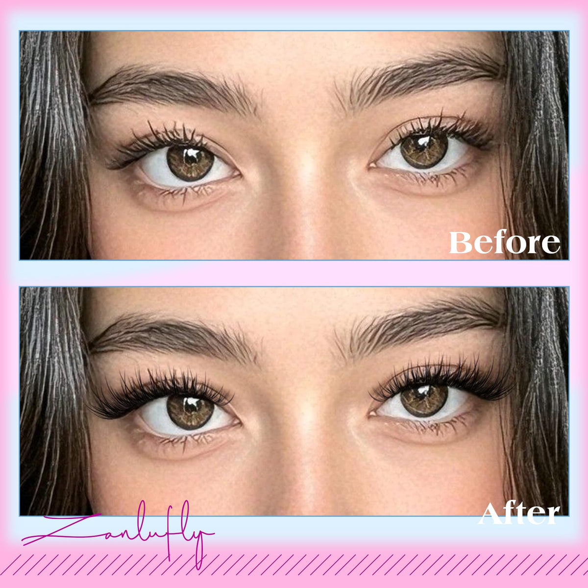 zanlufly lashes on model creating subtle, natural eye enhancement