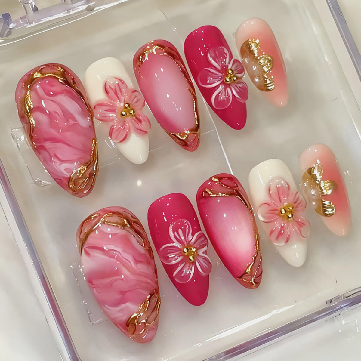 ZASKHLD front packaging showing full 30-piece pink almond press-on set and easy-at-home benefit
