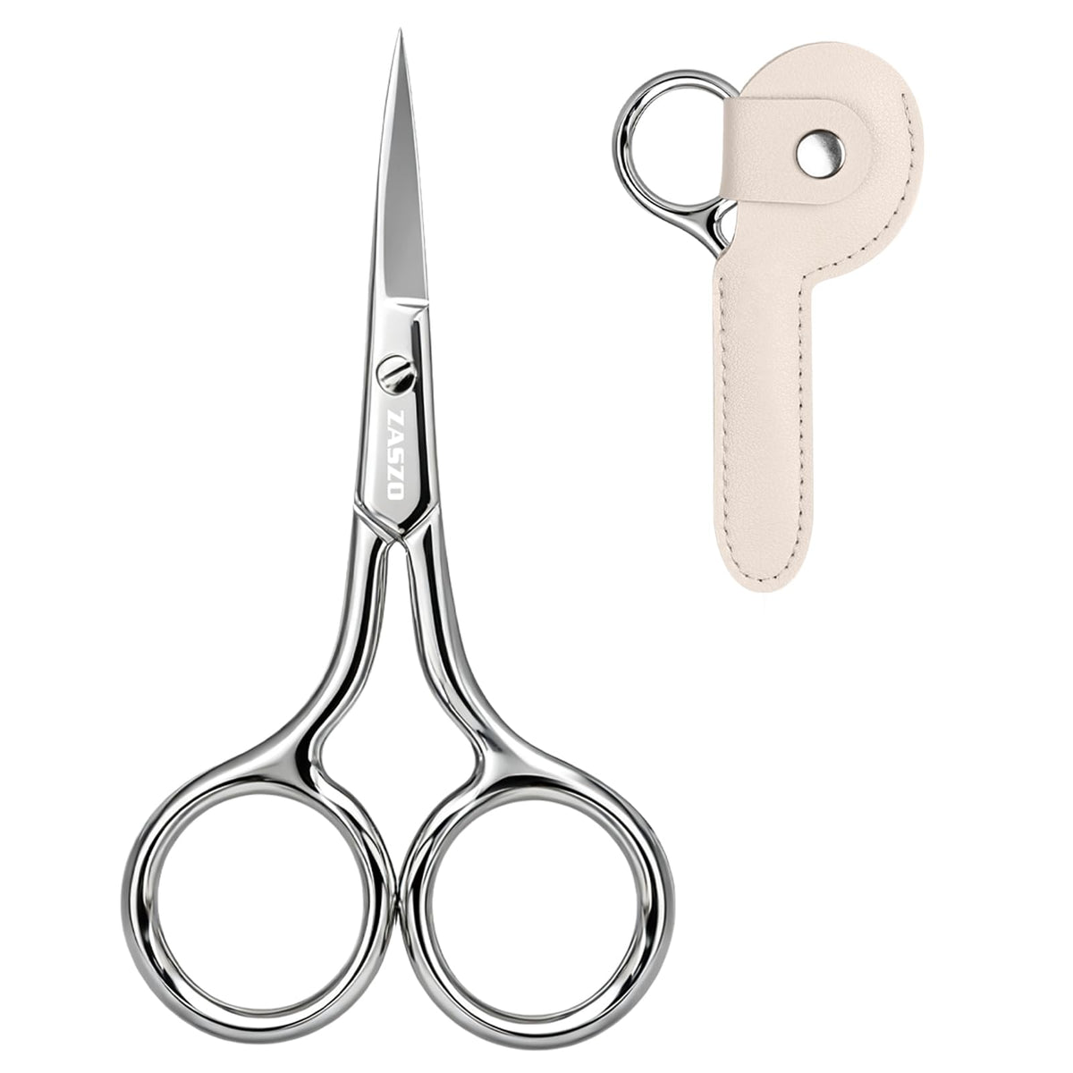 ZASZO front view of silver 3.8-inch scissors showing compact design and polished finish for precise grooming