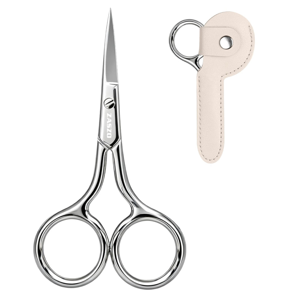 ZASZO front view of silver 3.8-inch scissors showing compact design and polished finish for precise grooming
