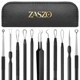 ZASZO front view of six stainless steel tools and leather case showing organization benefit